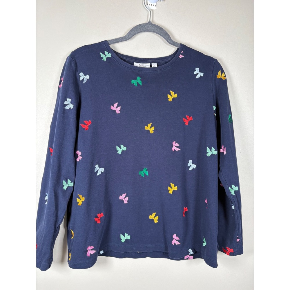 Navy Blue Embroidered Bow Long Sleeve Cotton Top Womens Medium Coquette Rainbow‎
